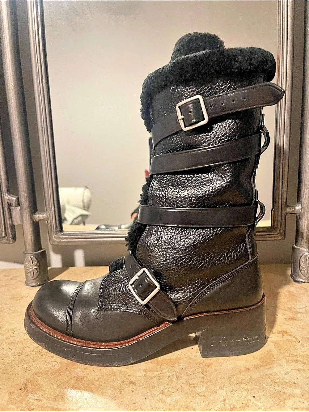 Coach Buckle Winter Boots Like New moto boots. Black leather and black shearling